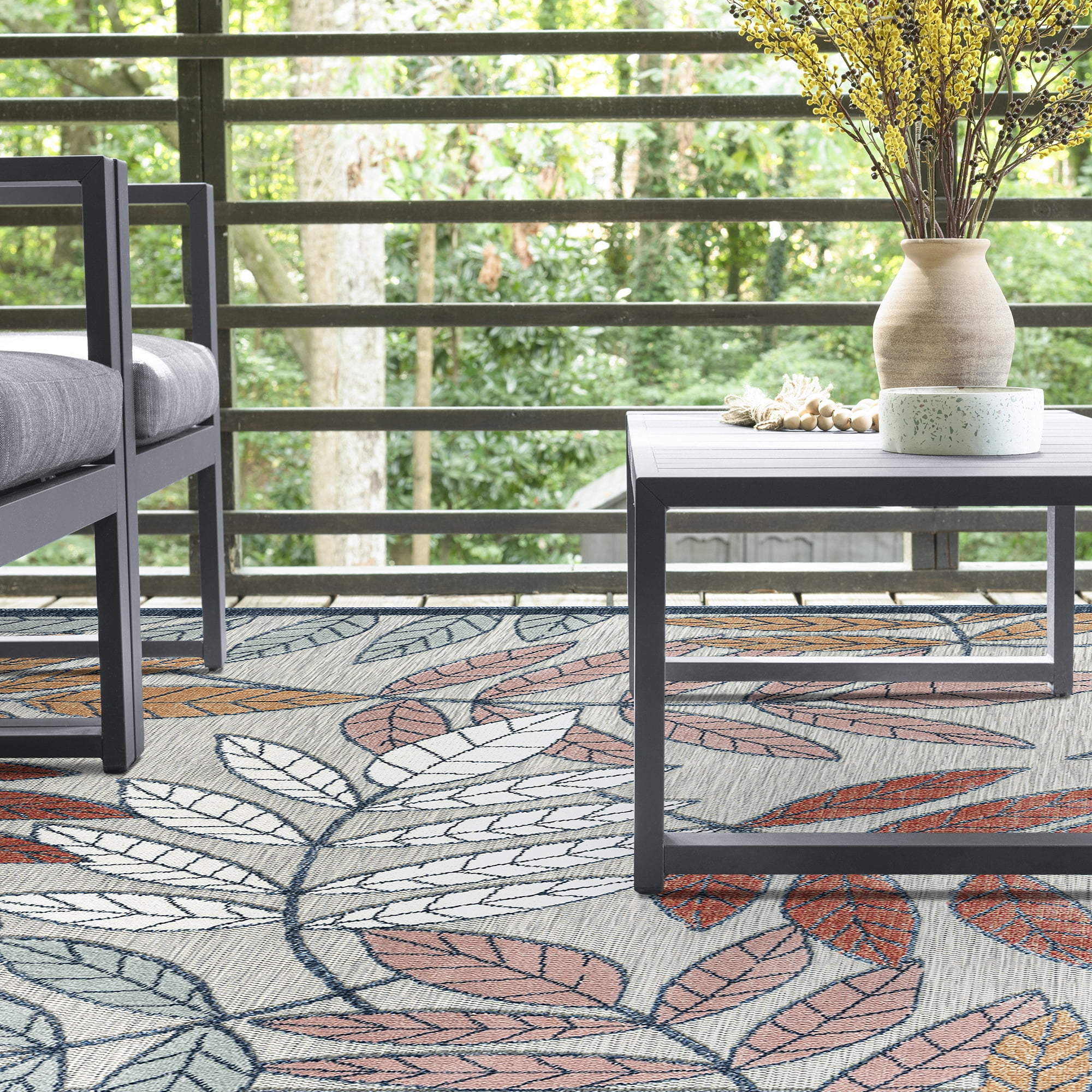 5x7 Water Resistant, Indoor Outdoor Rugs for Patios, Front Door Entry, Entryway, Deck, Porch, Balcony | Outside Area Rug for Patio | Gray, Floral | Size: 5'1'' x 7'3''