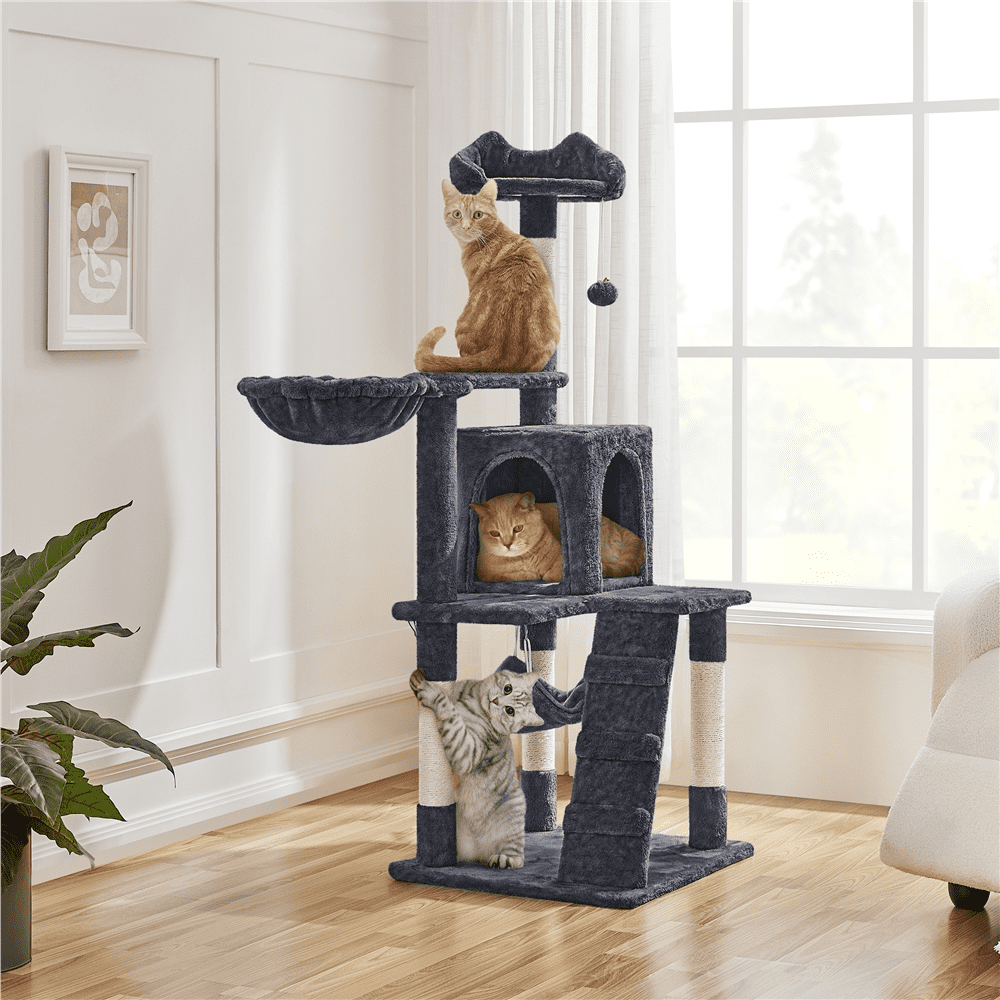 Alden Design 54" Cat Tree with Hammock, Basket and Scratching Post Tower, Dark Gray