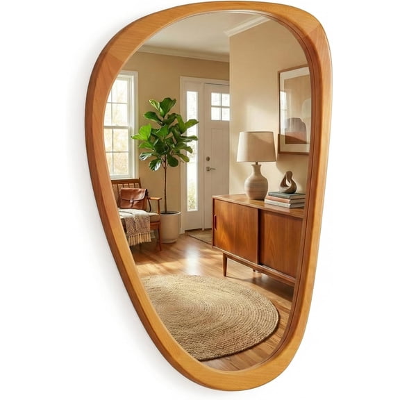 Irregular Asymmetrical Wall Mirror 36"×24" with Solid Wood Frame, Organic Mid-Century Modern Decorative Wall Mirror for Living Room, Entryway & Bedroom