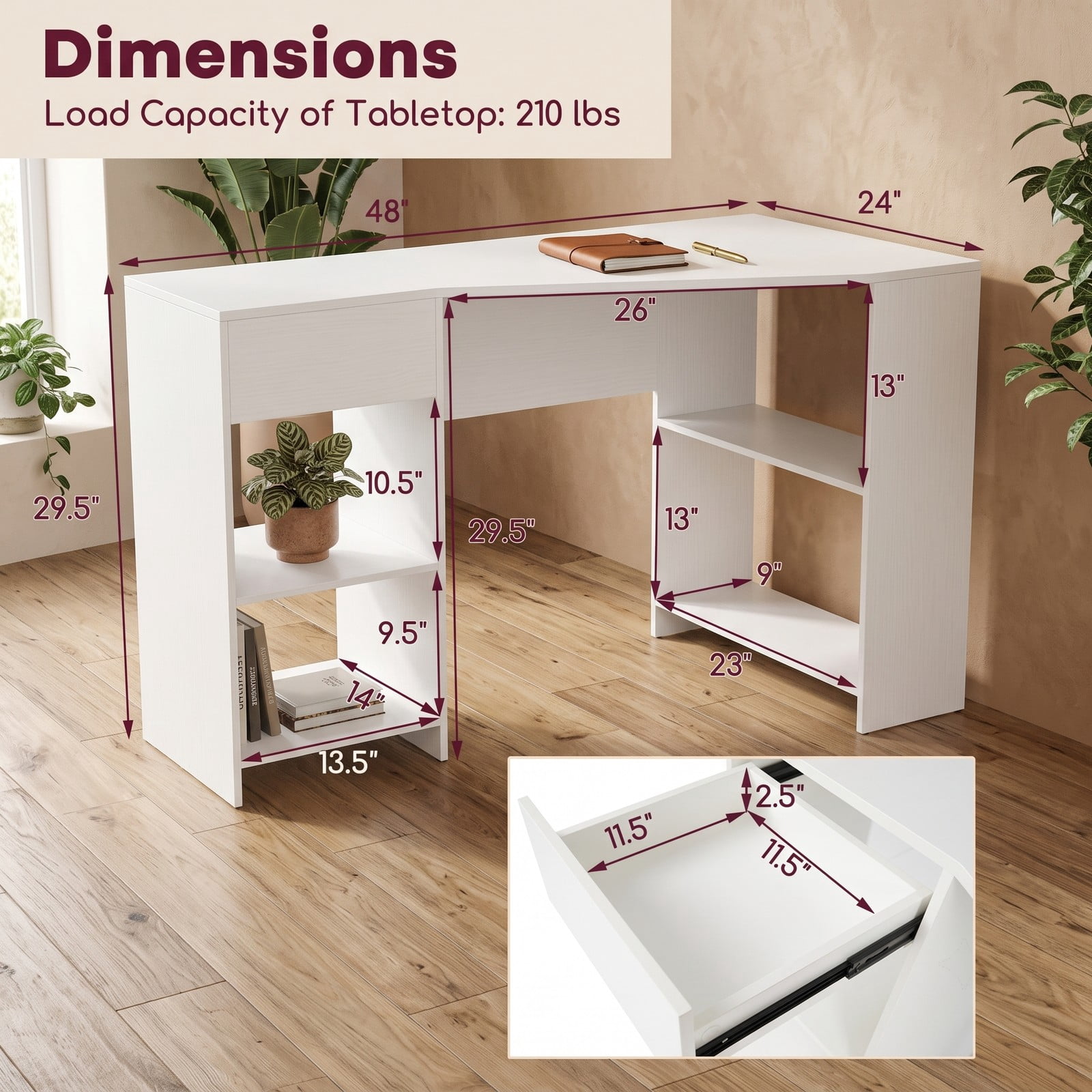 Furnibear 48 Inch L Shaped Corner Computer Desk with Drawer and Shelves, Executive Home Office Writing Gaming Workstation Table, Engineered Wood Study Desk, White