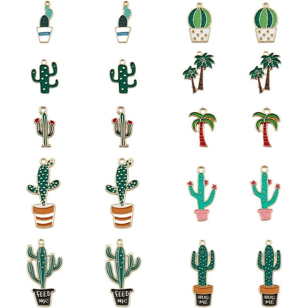 40 colgantes con forma de cactus, 10 estilos, para collar, árbol de coco, esmaltados vibrantes, colgantes circulares de aleación, con forma de gota.