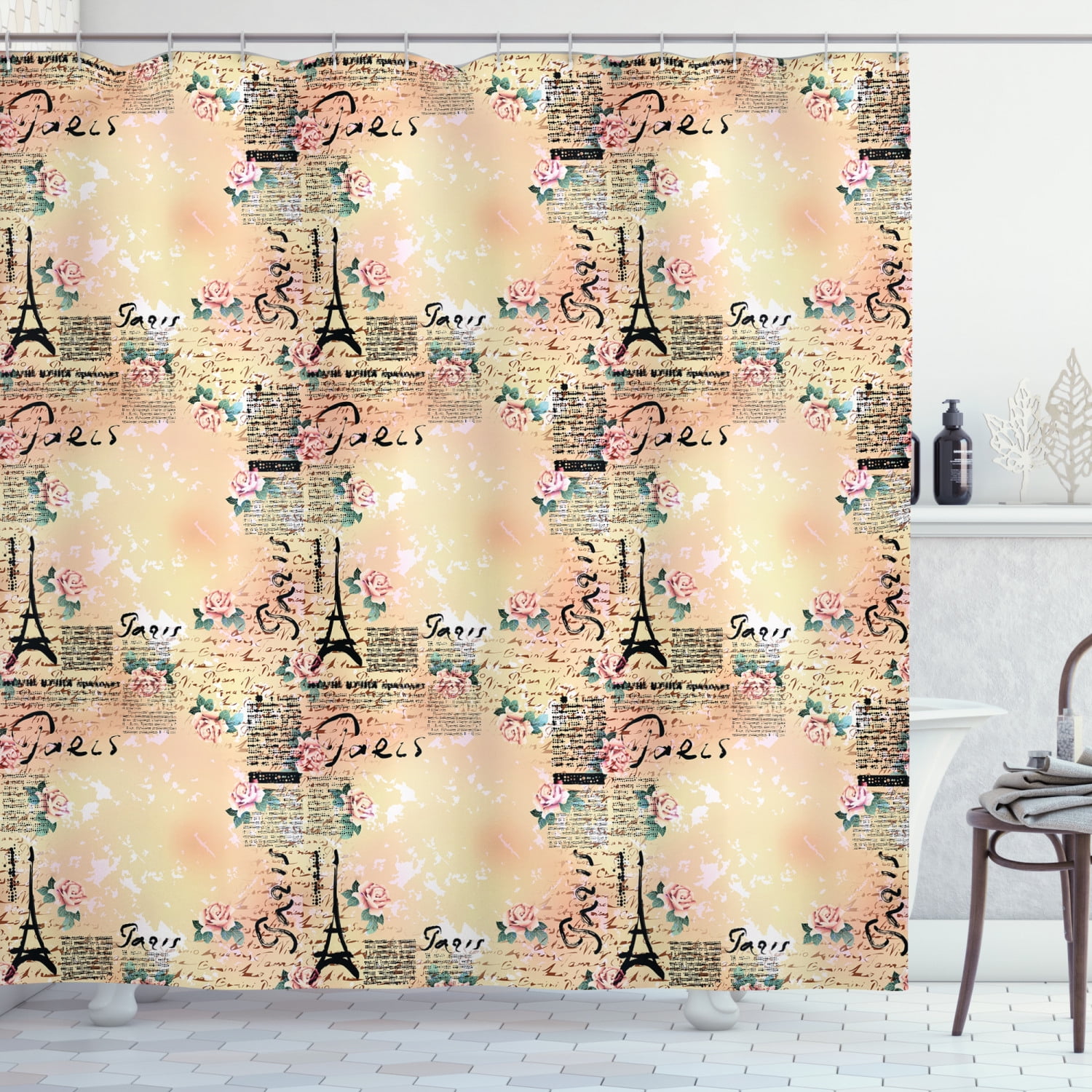 Modern Shower Curtain, French Paris Themed Lettering with Floral Leaves