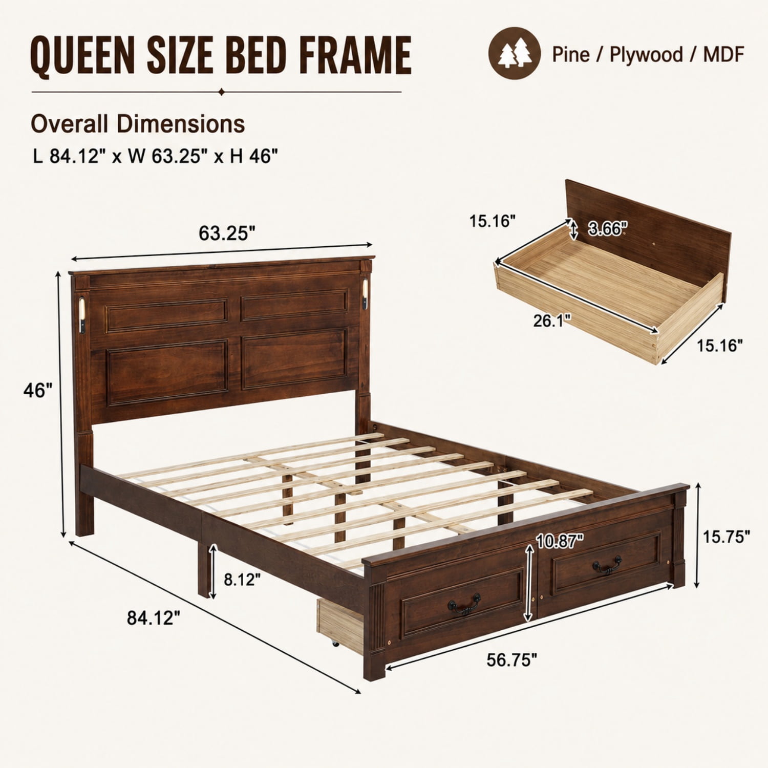 Miniyam Queen Farmhouse Storage Bed Frame with LED Headboard, USB & Type-C Charging, 2 Drawers, Walnut