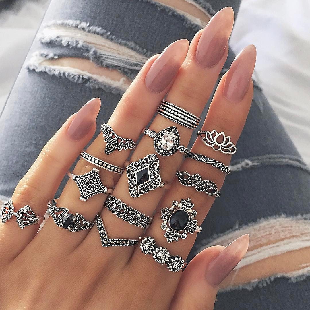 Vintage Women Silver Elephant Turquoise Finger Rings Bohemian Punk Rings Jewelry 