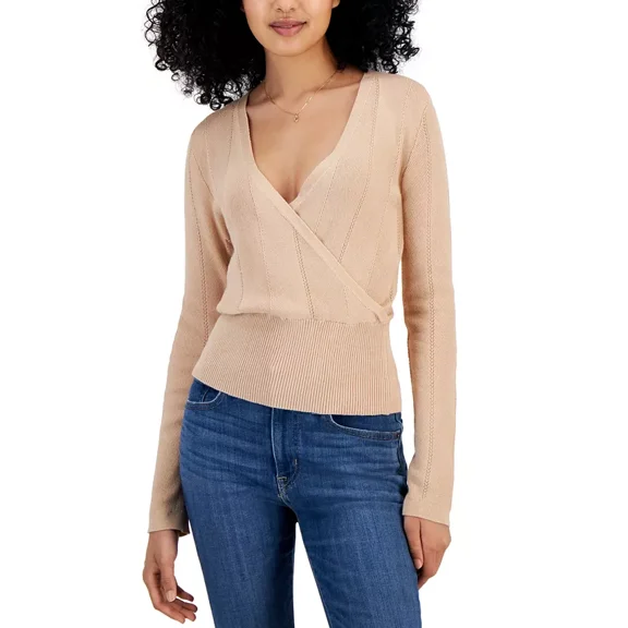 Hippie Rose Juniors' Surplice-Neck Ribbed-Hem Sweater M
