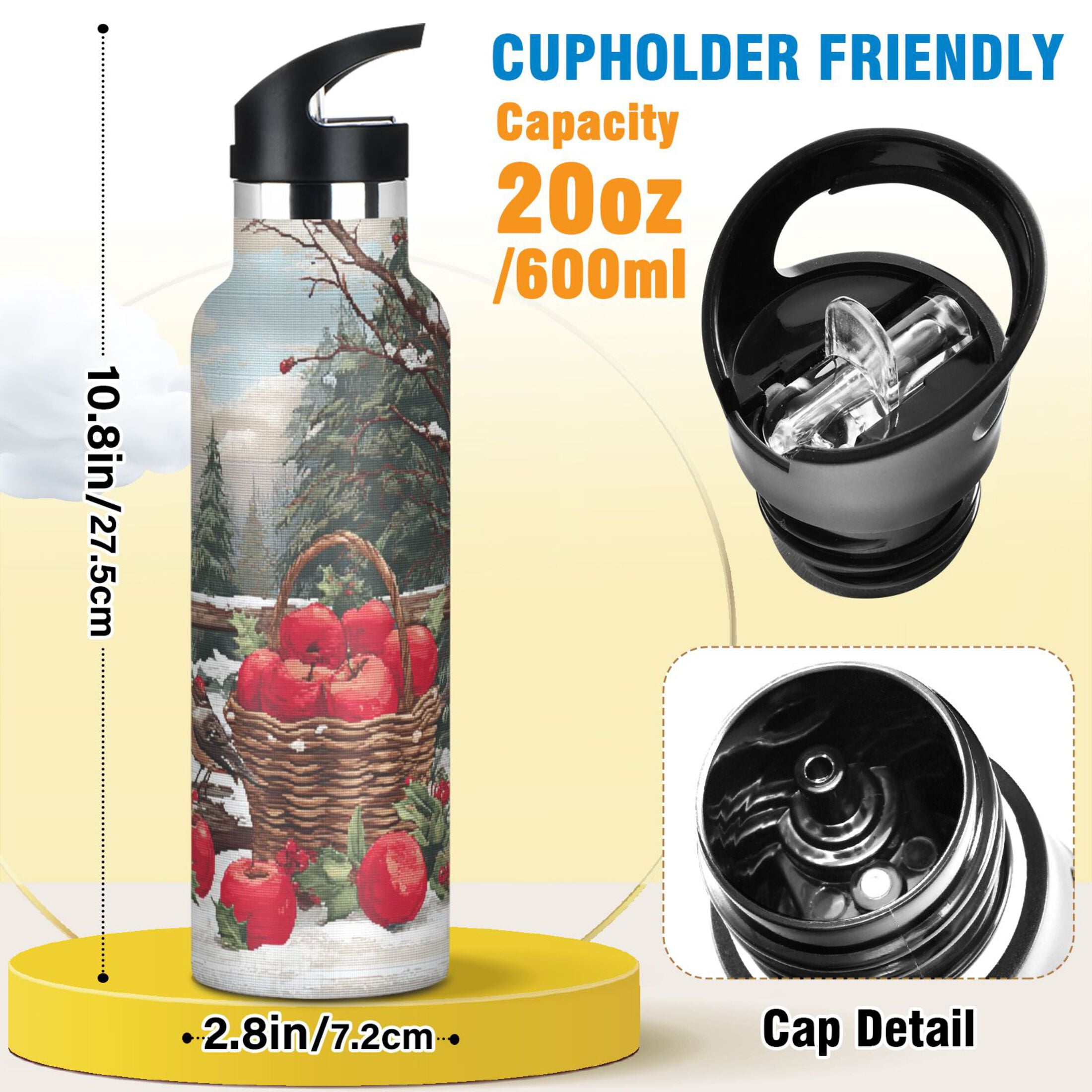 Kids Insulated Stainless Steel Sports Water Bottle 600ml (20oz) Apples and Baskets