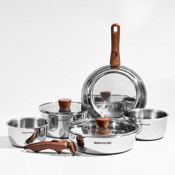 SUNHOUSE 9pcs Tri-Ply Stainless Steel Cookware Set with Detachable Handle