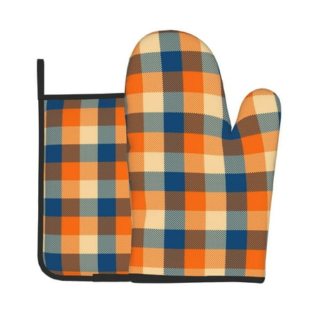 

Lukts Warm Orange Plaid Print Kitchen Heat-Resistant Gloves and Spacers 2pcs Set Suitable for Baking and Cooking
