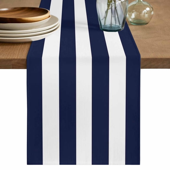 Table Runner Blue and White Stripe Pattern Soft Linen Style Table Runner Cloth Simple Style Dining Table Decor for Kitchen, Dining Room, Parties, Holiday & Everyday Use 13x36 Inch