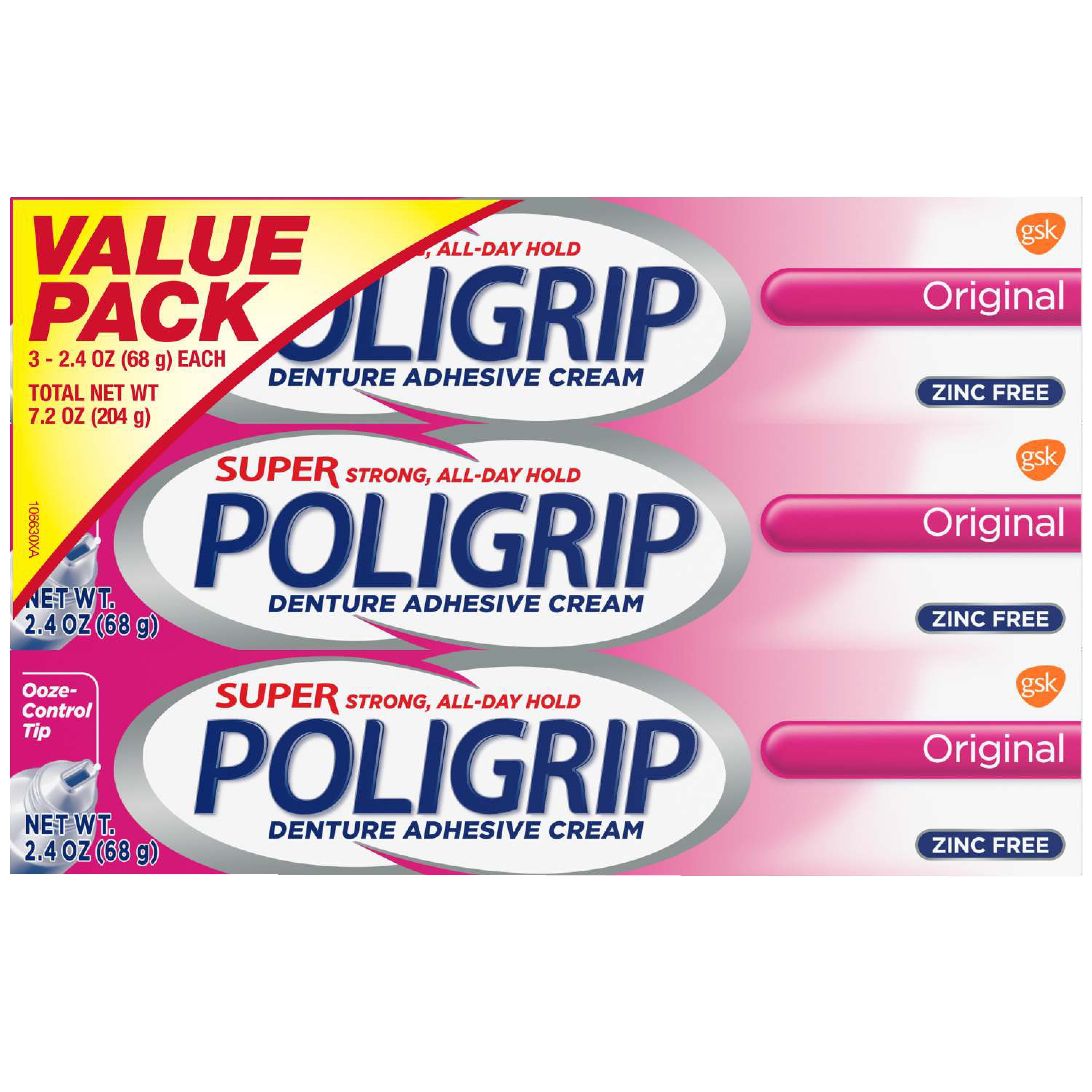 Super Poligrip Original Formula Zinc Free Denture and Partials Adhesive Cream, 2.4ounce 3 Pack