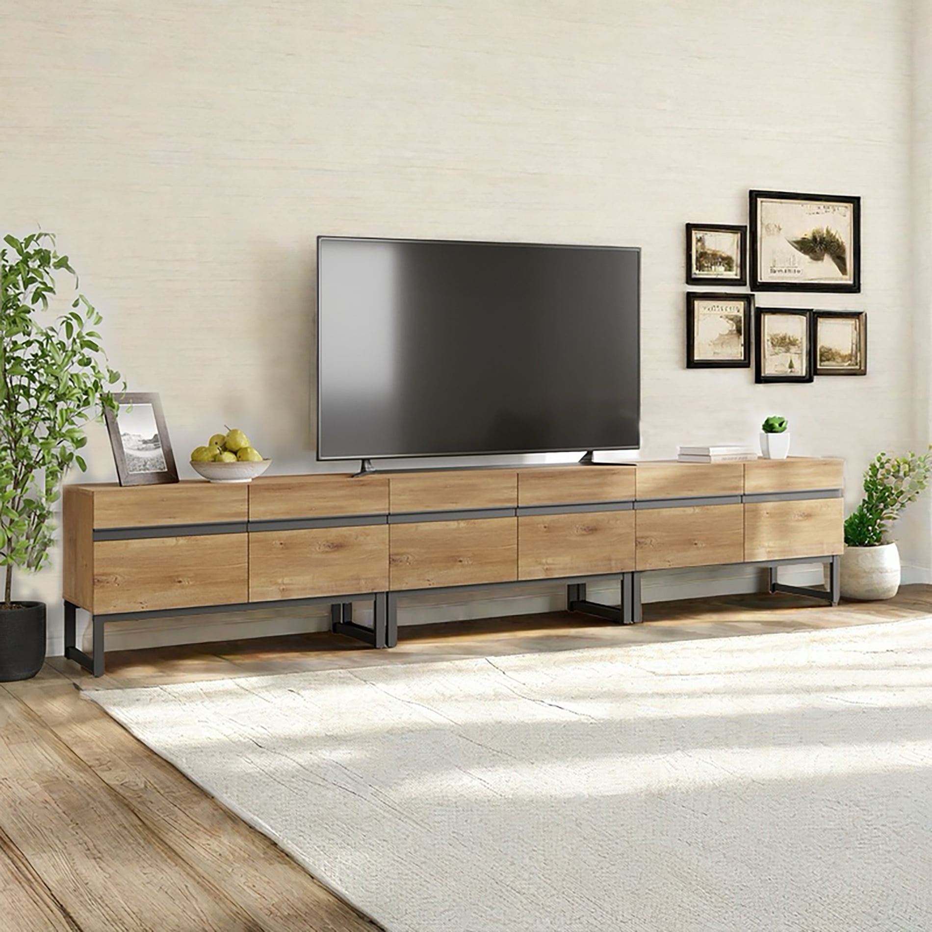 WAMPAT Modern TV Stand for 110 inch TVs, 4 in 1 Entertainment Center with Storage Cabinets and Metal Base, Living Room Media Console, Oak, 124''