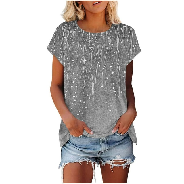 Aqestyerly Haut à Manches Courtes en Solde, Blouse Décontractée à Manches Courtes Col Rond Imprimée pour Femmes Tendance/gris(S)