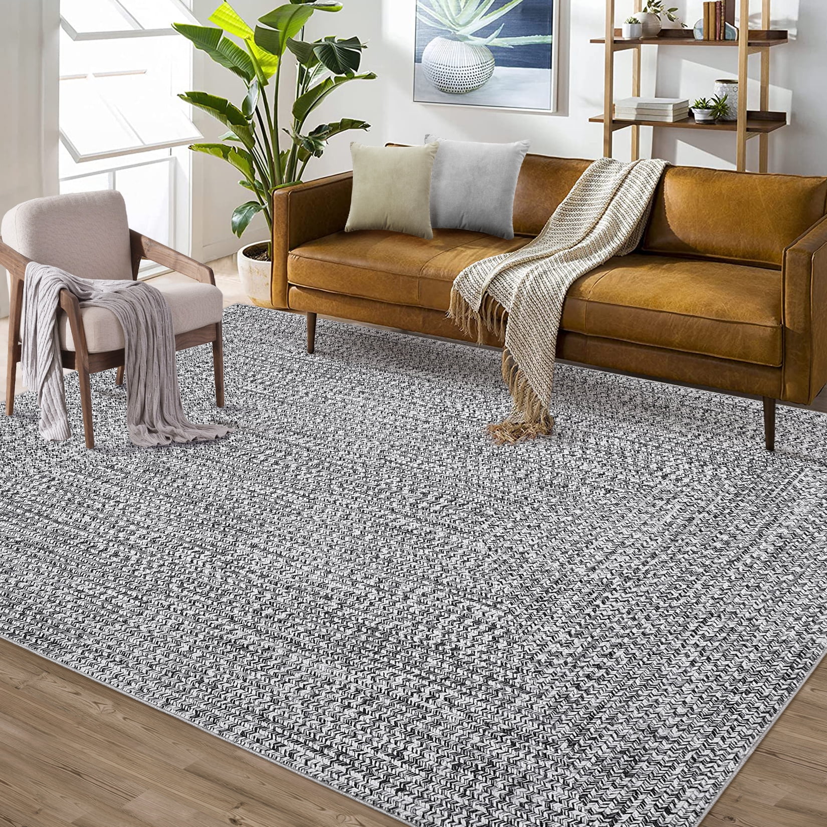 Garvee 9'x12' Large Area Rugs Braided Print Rug, Machine Washable Indoor Rug Non-Slip Low Pile Farmhouse Solid Carpet for Bedroom, Living Room, Dining Room Office, Gray