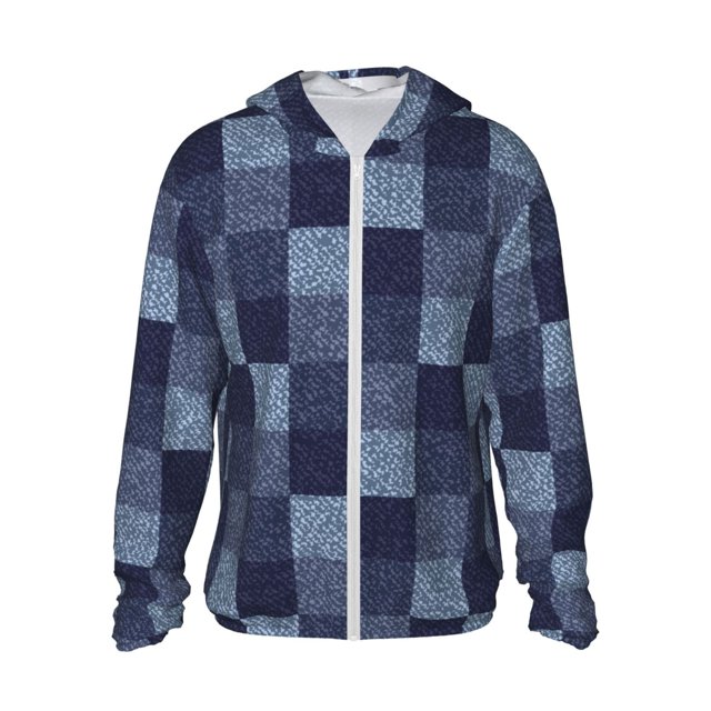 Fotbe Blue Gingham Buffalo Check Chaqueta con Protección Solar UPF 50+ para Hombre y Mujer, Camisa con Capucha y Bolsillos-XX-Large