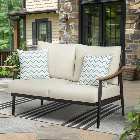 NATURAL EXPRESSIONS Patio Loveseat Chair Metal Outdoor Sofa with Wicker Back for Backyard, Beige