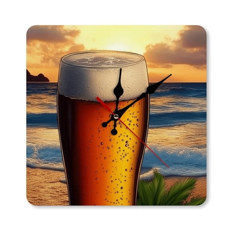 RKSupls 10×10inch Beer Glass Beach Sunset Square Unmarked Wall Clock Silent Non-Ticking Home Decor for Bedroom Living Room Office Classroom Easy to Install