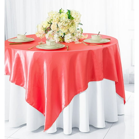Wedding Linens Inc. 85 inch Square Satin Table Overlay Toppers - Coral