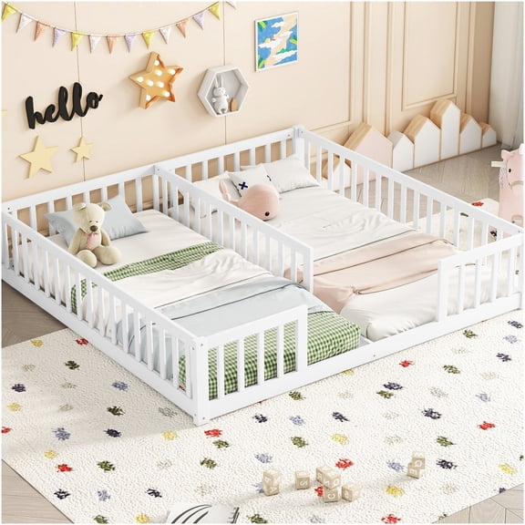White Twin Size Low Profile Floor Bed Frame with Guardrails, Sturdy Wood Platform Bed No Box Spring Needed, Easy Assembly Modern Design