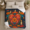 thumbnail image 5 of Folk Art Red Heart Candles Marigolds Day Of, Festive Botanical Garden Scene, Warm Flannel Blanket for Sunroom and Reading Nook, Garden Lovers Valentine's Day Gift, Botanical Home Decor, 5 of 8