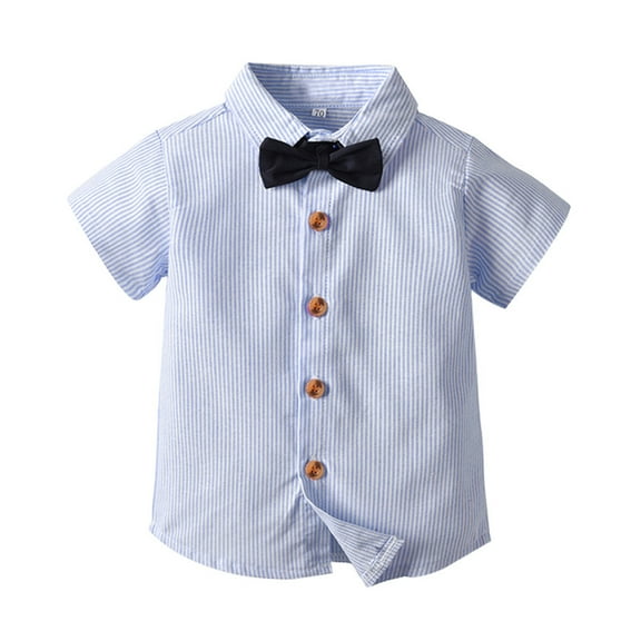 XBASW Boys Stripes Shirts with Bow Tie for Toddler Baby Short Sleeve Dress Shirt Summer Kids Button down Blouses Tops for 3M -8 Years