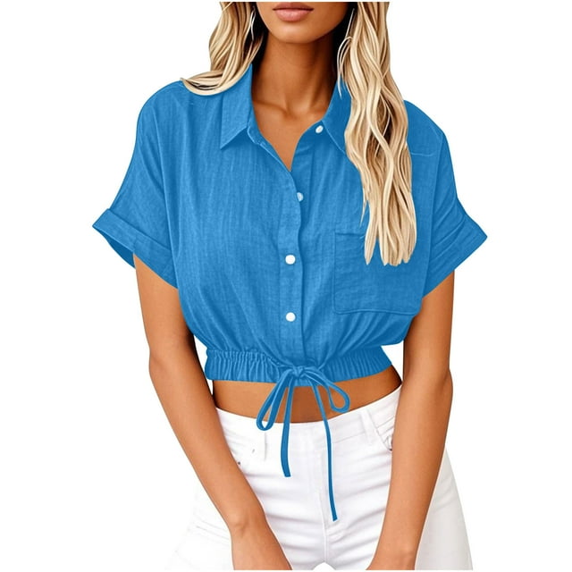 Short Sleeve Crop Tops for Women V Neck Loose Collared Button Down Shirt Summer Drawstring Blouse for Business Casual