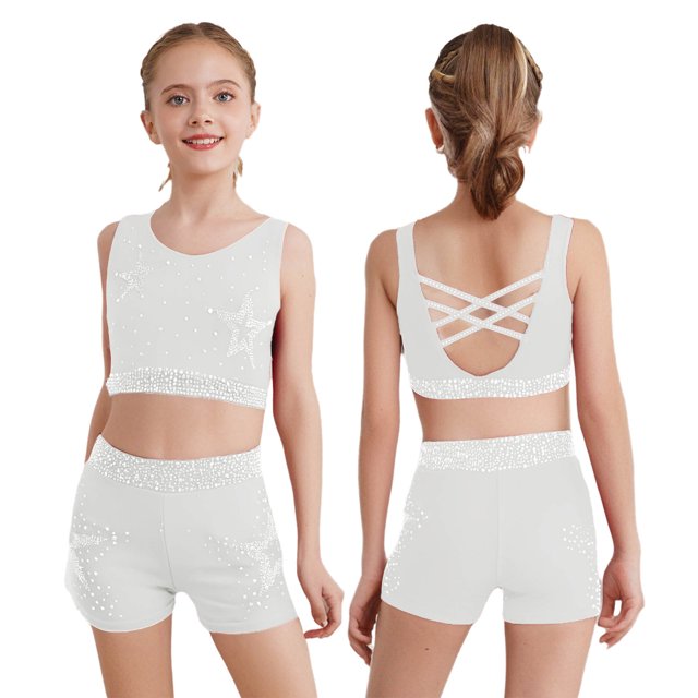 Sxiwei Ensemble Débardeur et Short Sans Manches à Sequins et Strass pour Filles, Blanc 14