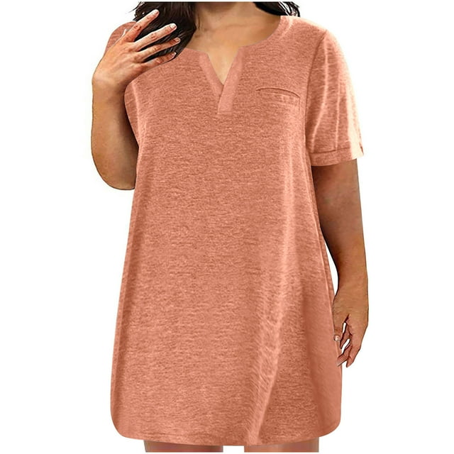 QIPOPIQ Robes pour Femmes Grande Taille Manches Courtes Robe T-Shirt Ajustée Col en V Robe T-Shirt Décontractée Évasée avec Poches Liquidation