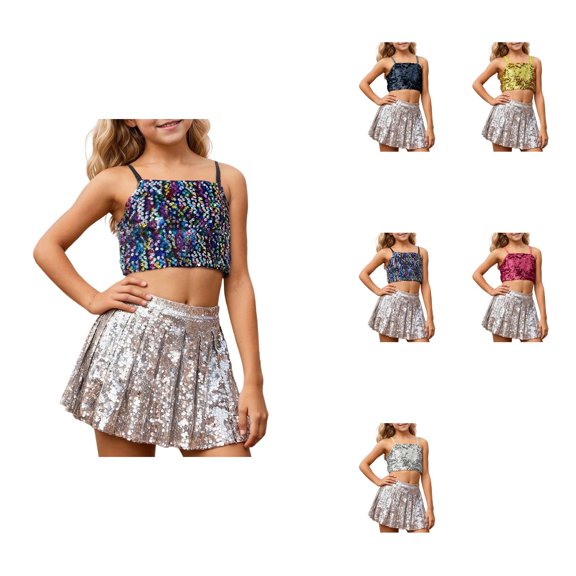 Girls' Adjustable Elastic Band Sequined Crop Top with Navel for Ages 5 , Paired with Sparkly High-Waisted A-Line Flowy Mini Skirt for Party & Night Out