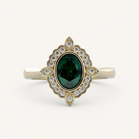 vylahjewellery Bezel Green Gemstone Oval Cut Diamond Wedding Solitaire Ring for Special One Vermeil Yellow Gold Engagement Promise Ring with Round Cut Halo Moissanite Mother's Day Ring