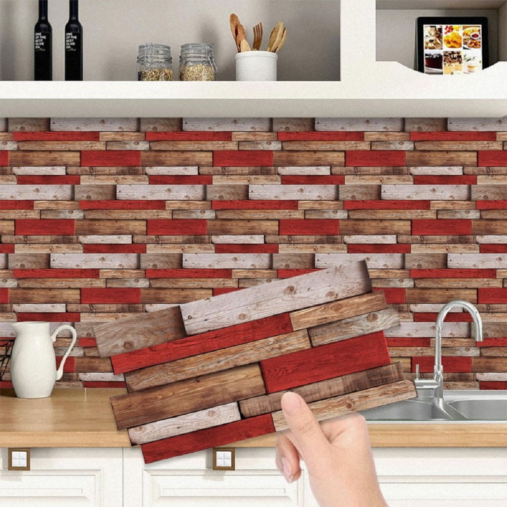 12Pcs Self-Adhesive Wallpaper Retro Red Shaped Wood-Grain