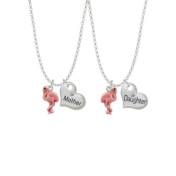 Delight Jewelry Silvertone Hot Pink Flamingo Mother & Daughter Heart Necklaces (Set of 2), 19" 2"