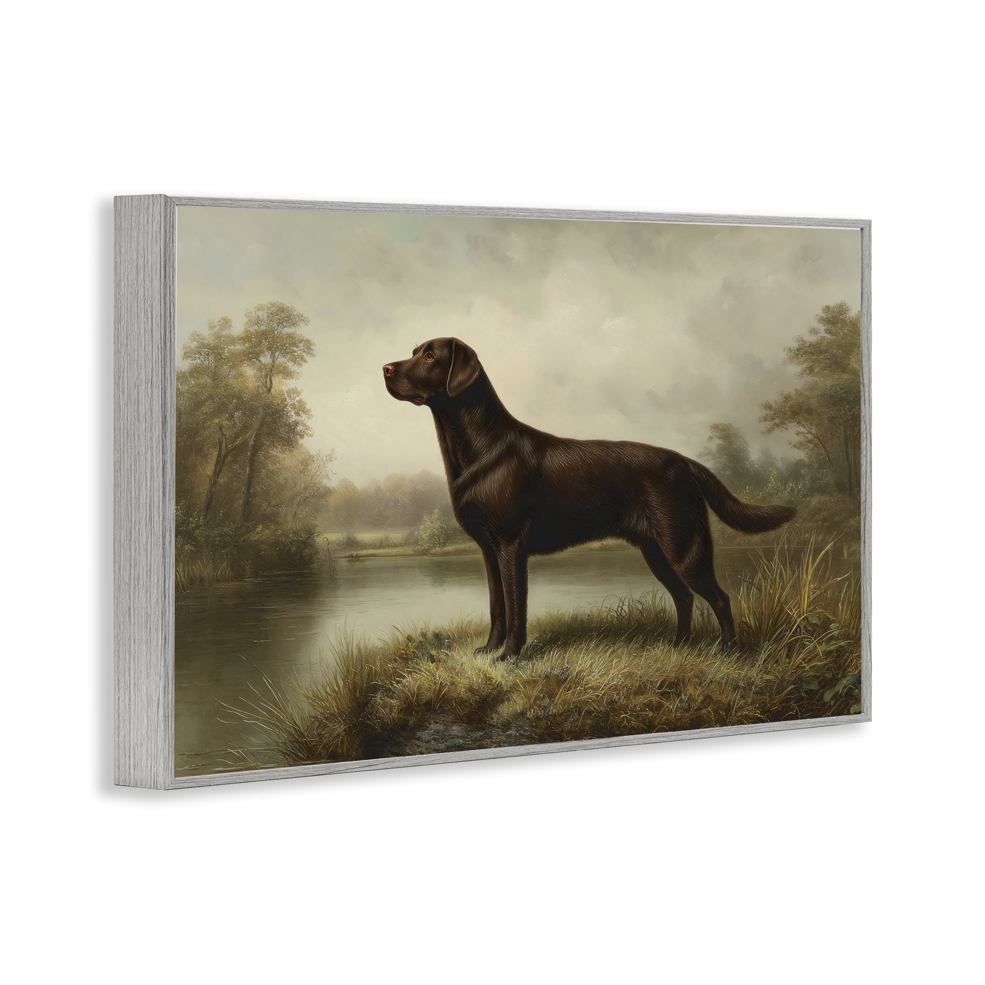 Stupell Industries On Alert Chocolate Lab Gray Framed Giclee Art, design by Petal Prints Design