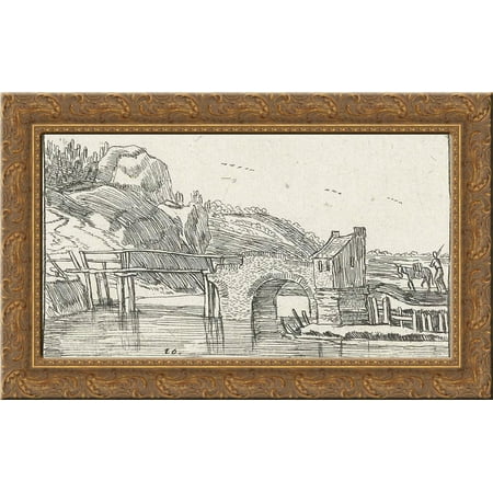 Man driving a donkey towards a bridge 24x16 Gold Ornate Wood Framed Canvas Art by Esaias van de Velde