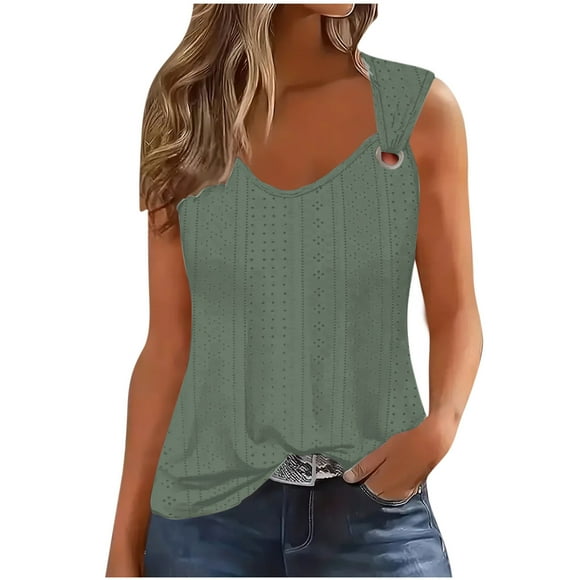 Timegard Womens Tank Tops Eyelet Sleeveless V Neck Ring Straps Shirts Blouse Casual Summer Tunic Top
