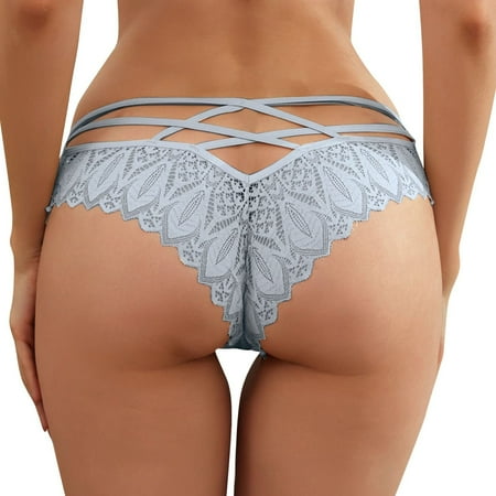 

Qcmgmg Thongs for Women Mid Waisted Breathable Bowknot Panties Lace Hollow Out Solid Underwear Gray M