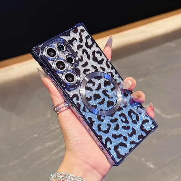 for Samsung Galaxy S25 Ultra Case for Women, Leopard Print Magnetic Back with Gradient Glitter, TPU Electroplated Shockproof Cover, with Lens Protector, Lightweight Anti-Scratch Phone Case, Blue