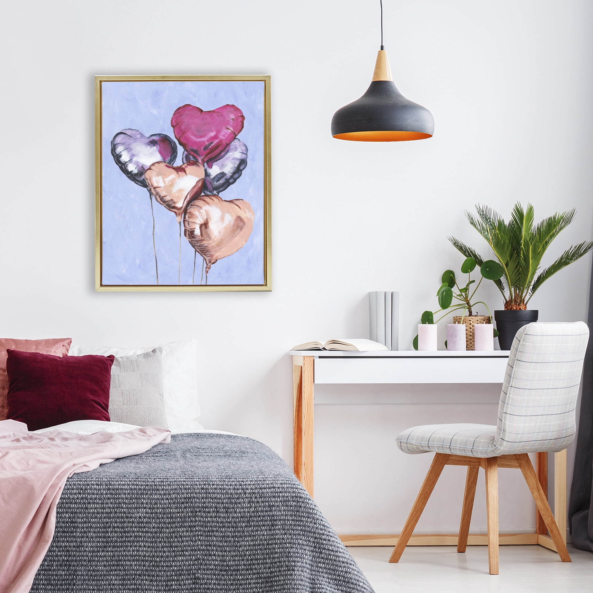 Stupell Industries Vibrant Heart Balloons Gold Framed Floater Canvas Wall Art, design by Michael Willett