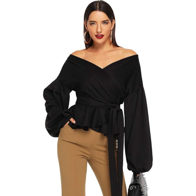 Blusa cruzada con cuello en V, manga larga y volantes para mujer