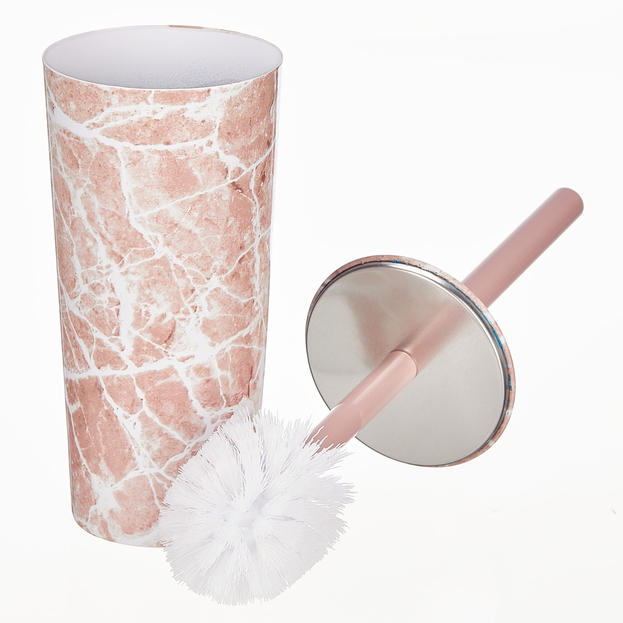 mDesign Stainless Steel Toilet Bowl Brush and Holder Set, Modern Metal Compact Storage Organizer Cleaner Scrubber for Toilet - Heavy Duty Cleaning Plunger for Bathroom, Mirri Collection, Pink Marble