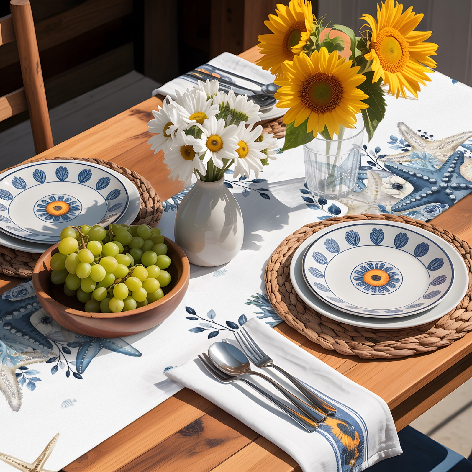 Coastal Table Runner, Ocean Blue Beige Starfish Shells Eucalyptus Leaves Cotton Linen Table Cloth, Tablerunner for Kitchen Dining Party Wedding Home Decor 13x90 Inch