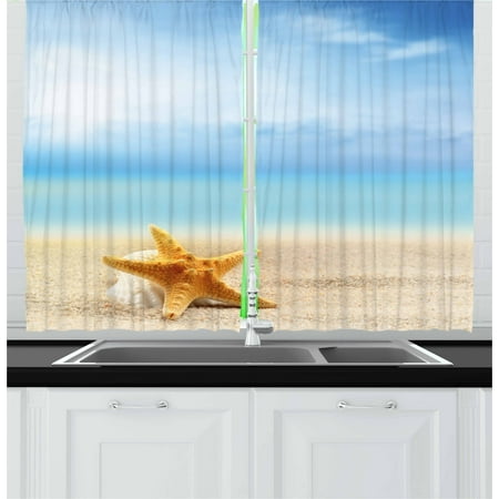 Seashells Window Windows - Starfish Curtains 2 Panels Set, Scallop Seashell and Starfish Close Up Sandy Beach Idyllic Ocean Backdrop Design, Window Drapes for Living Room Bedroom, 55W X 39L Inches, Multicolor, by Ambesonne