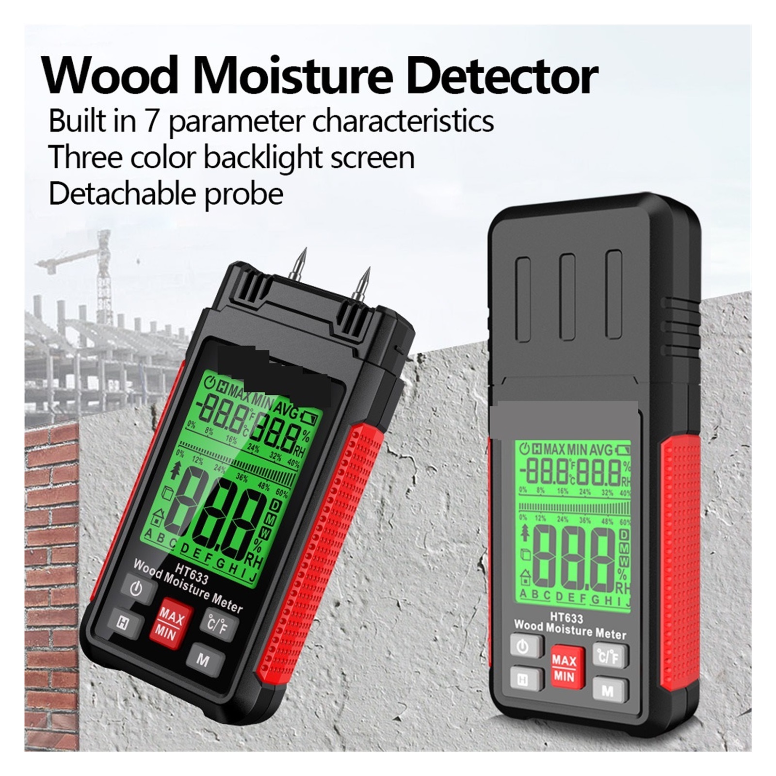 HT633 Digital Moisture Meter Wood Humidity Tester Hygrometer 0~57% Timber Damp Detector LCD Display ,Easy to Operate