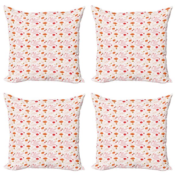 Ambesonne Autumn Throw Pillow Cover 4 Pack, Season Forest Flora Design, 18", Vermilion Mustard and White