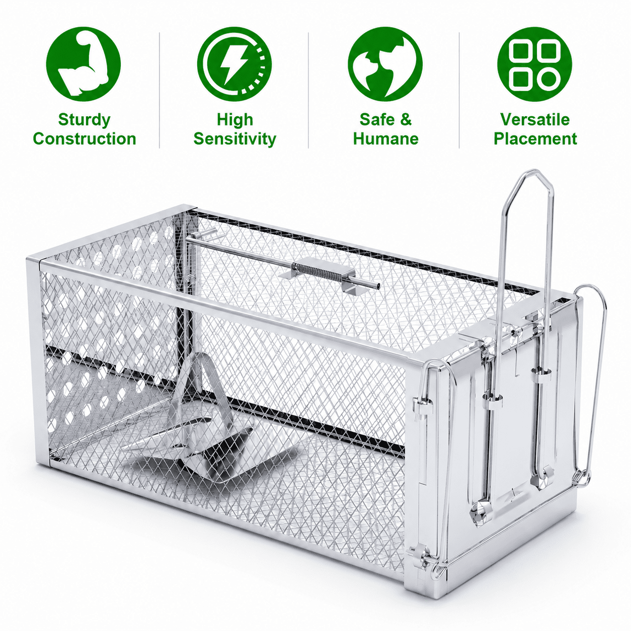 Galvanized Steel Humane Rat Trap Cage, Reusable, Single Door, Silver