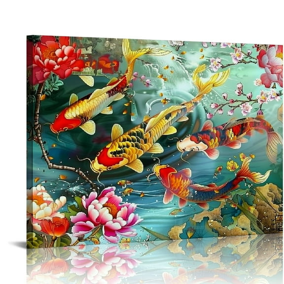 Lingy Art Wall Home Decor Canvas Prints Picture- Chinese Style Lotus Flower Abstract Feng Shui Koi Fish，Modern Framed (HYL1733)