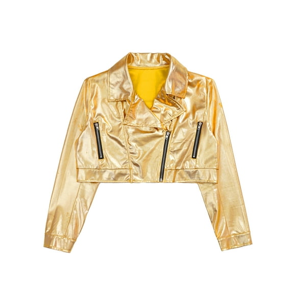 Vxuxlje Kids Girls Metallic Motorcycle Jacket Spring Pu Faux Leather Coat Long Sleeve Hip Hop Jazz Dance Outwear Gold 12