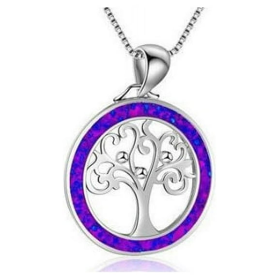 Sterling Silver  Lab-Created Purple Opal Tree Of Life Pendant Necklace