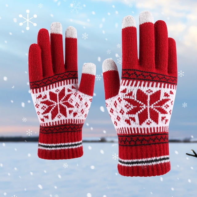 Gants Rouges Mitaines pour Hommes et Femmes à Motif Flocon de Neige, Gants Tricotés Créatifs et à la Mode pour Téléphone Mobile avec Écran, Épais et Chauds pour l'Hiver Adulte