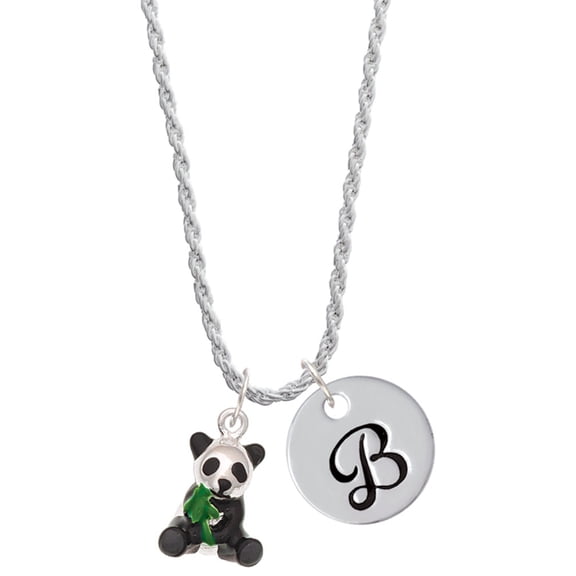 Delight Jewelry Silvertone Enamel Sitting Panda Silvertone Script Initial Disc - B - Charm Necklace, 20"+3"