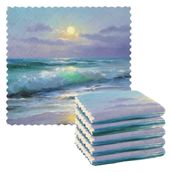 6 Pieces of Kitchen Towels 11x11Inch Kitchen Dish Cloths Kitchen Dish Towels Reuseable Cleaning Cloths Sun Moon Waves